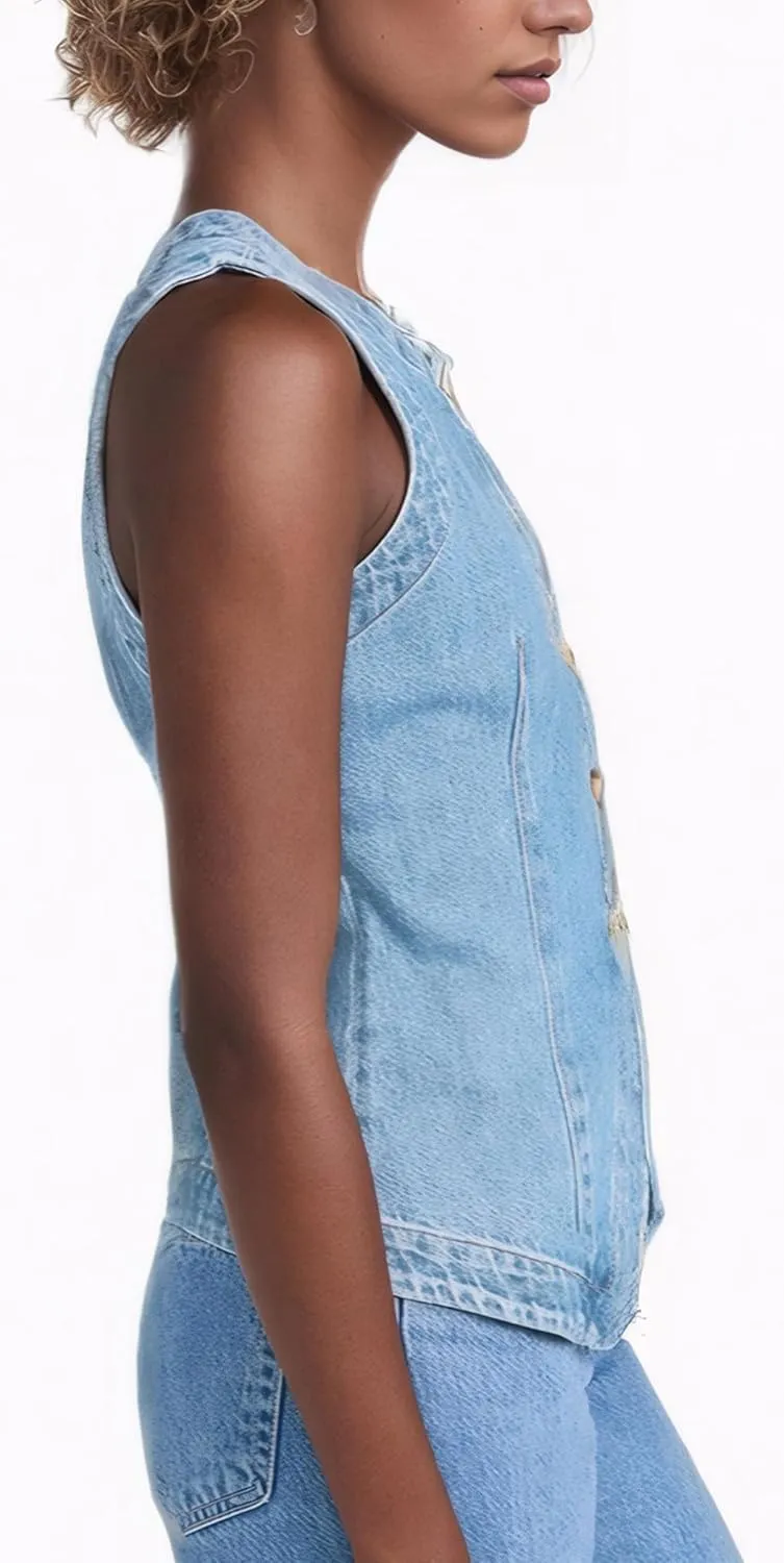 D-Sun Women Denim Vest Sleeveless Crewneck Button Down Jean Waistcoat Casual Front Slit Slim Denim Tank Top