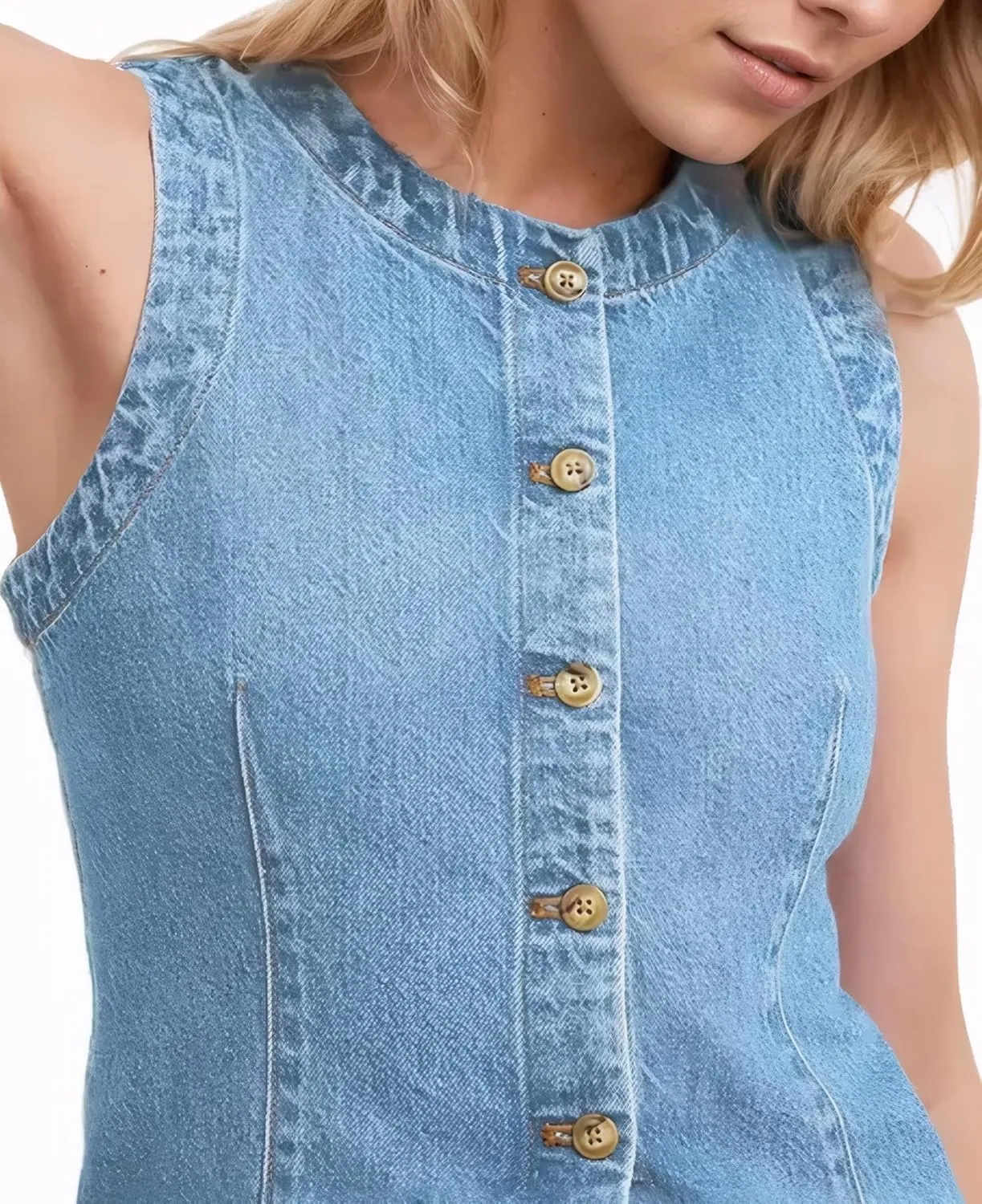 D-Sun Women Denim Vest Sleeveless Crewneck Button Down Jean Waistcoat Casual Front Slit Slim Denim Tank Top