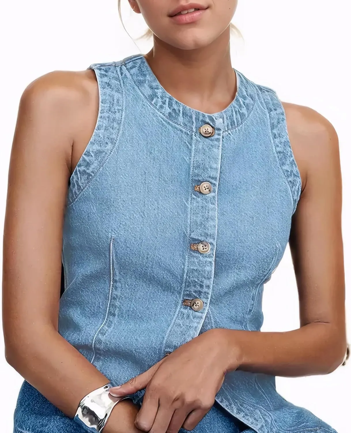 D-Sun Women Denim Vest Sleeveless Crewneck Button Down Jean Waistcoat Casual Front Slit Slim Denim Tank Top