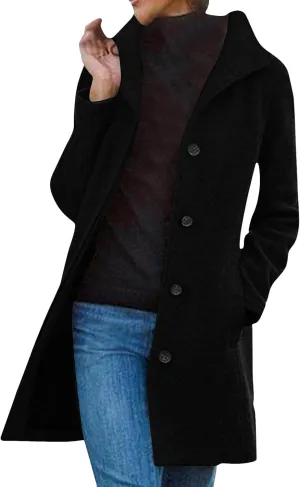 DIACACY Ladies Basic Wool Blend Plus Size Pea Coat Fall Office Jacket Cozy Single Breasted Open Front Overcoat