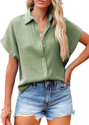 Dokotoo Casual V Neck Button Down Shirts for Women Solid Short Sleeve Blouse Tops