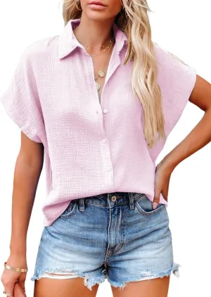 Dokotoo Casual V Neck Button Down Shirts for Women Solid Short Sleeve Blouse Tops