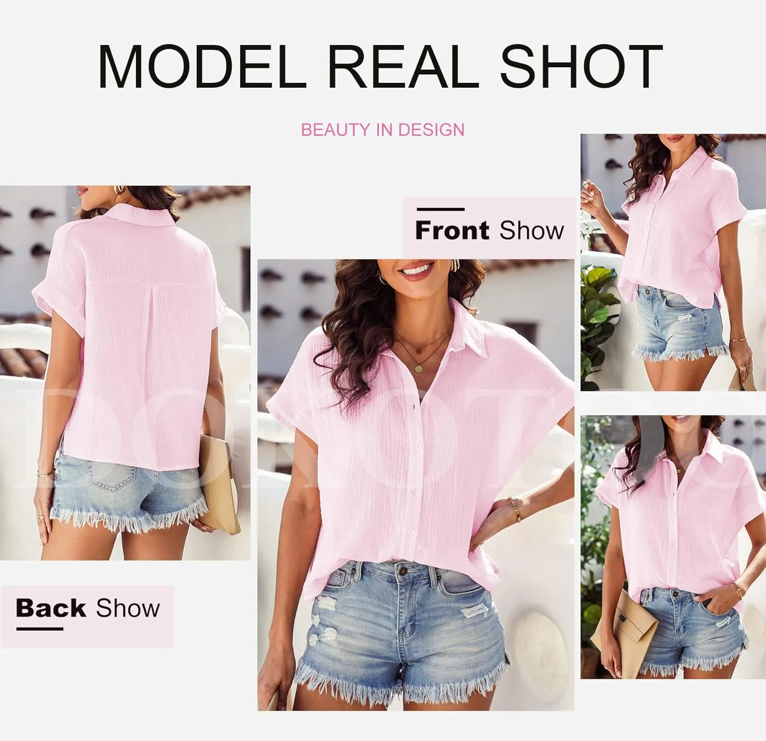 Dokotoo Casual V Neck Button Down Shirts for Women Solid Short Sleeve Blouse Tops