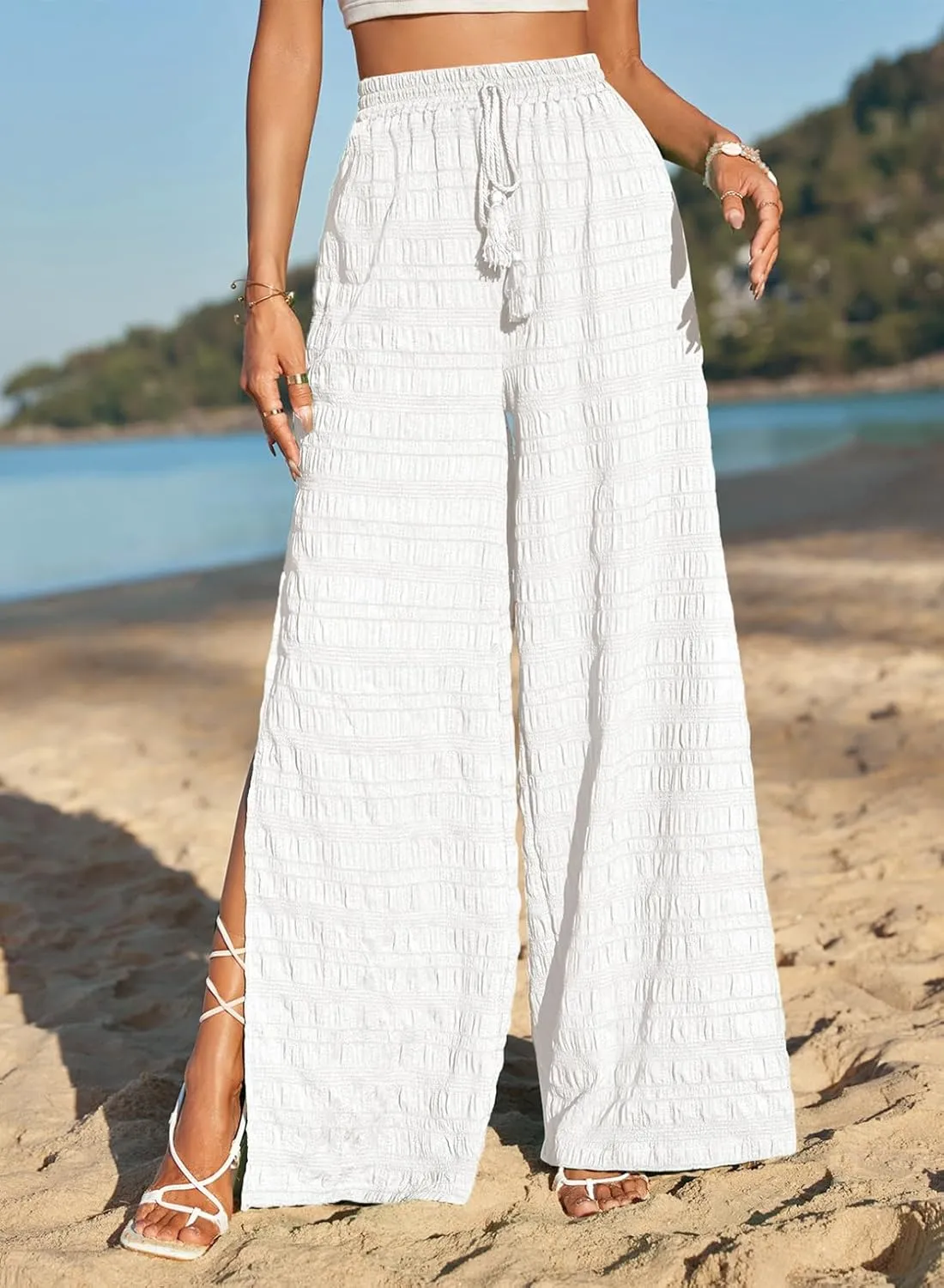 Dokotoo Casual Wide Leg Pants for Women Elastic High Waist Tie Drawstring Side Split Pants
