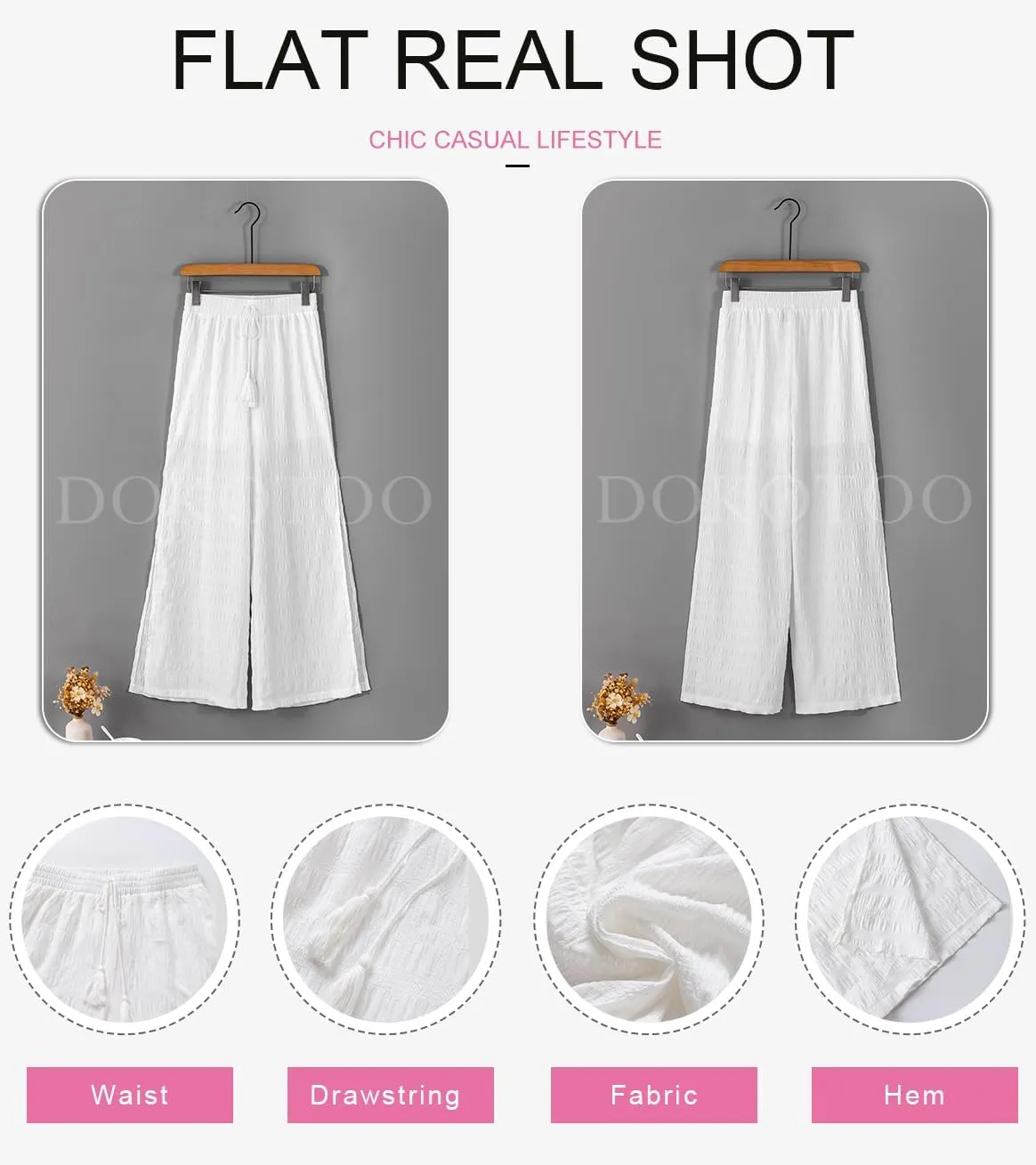 Dokotoo Casual Wide Leg Pants for Women Elastic High Waist Tie Drawstring Side Split Pants