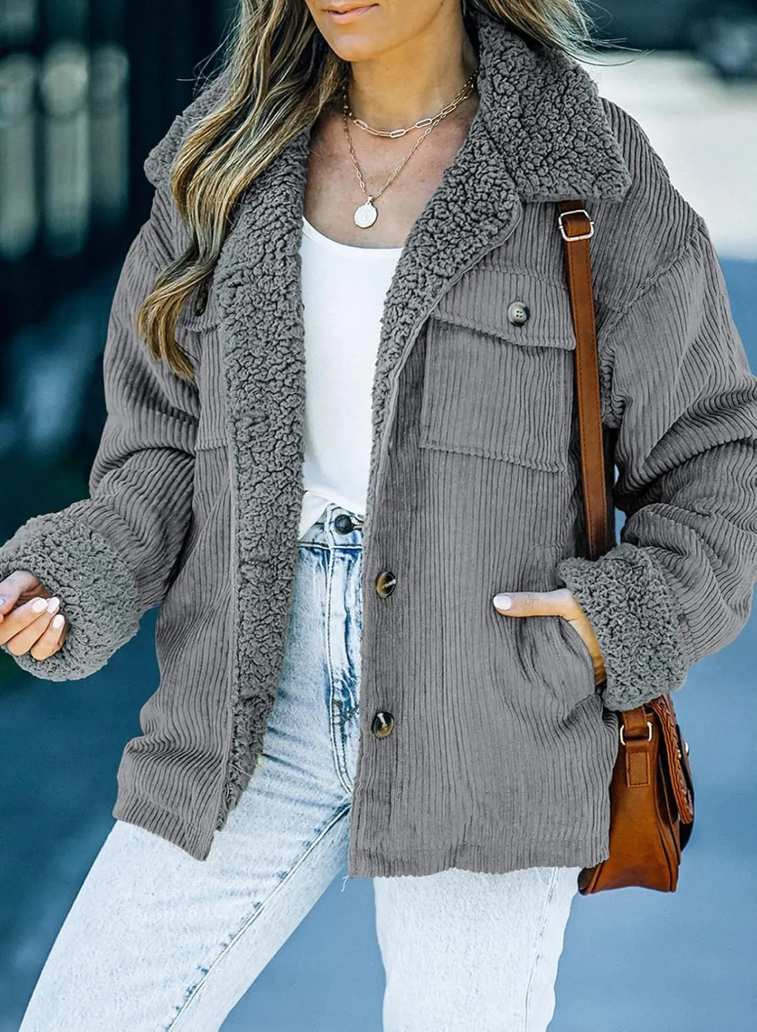 Dokotoo Corduroy Sherpa Jacket for Women Button Down Fleece Fur Collar Winter Warm Coat