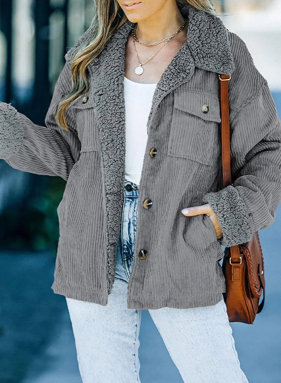 Dokotoo Corduroy Sherpa Jacket for Women Button Down Fleece Fur Collar Winter Warm Coat