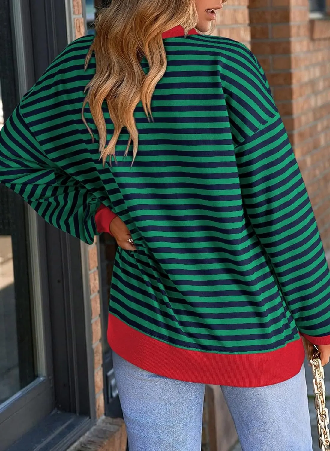 Dokotoo Womens Casual Crewneck Color Block Striped Oversized Sweatshirt Long Sleeve Shirts Tunic Tops