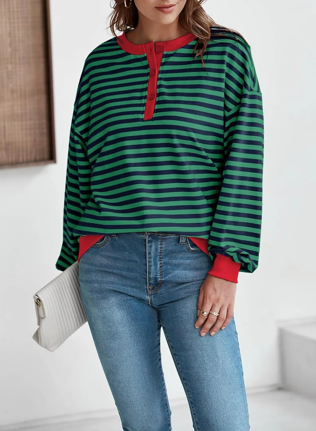 Dokotoo Womens Casual Crewneck Color Block Striped Oversized Sweatshirt Long Sleeve Shirts Tunic Tops