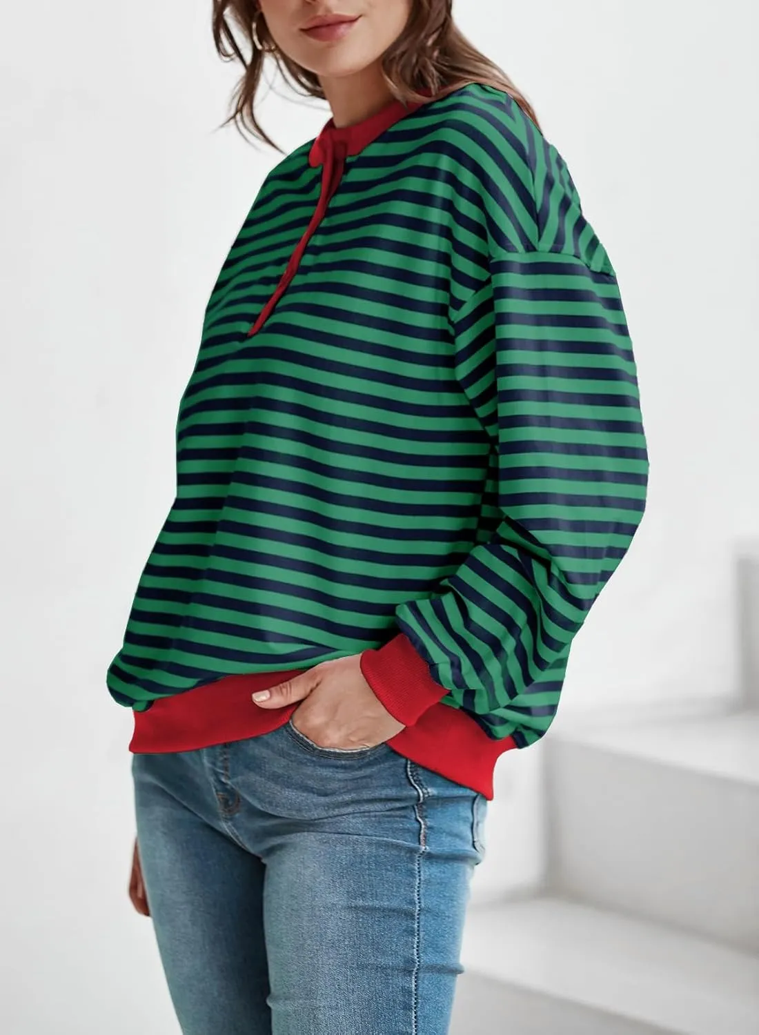 Dokotoo Womens Casual Crewneck Color Block Striped Oversized Sweatshirt Long Sleeve Shirts Tunic Tops