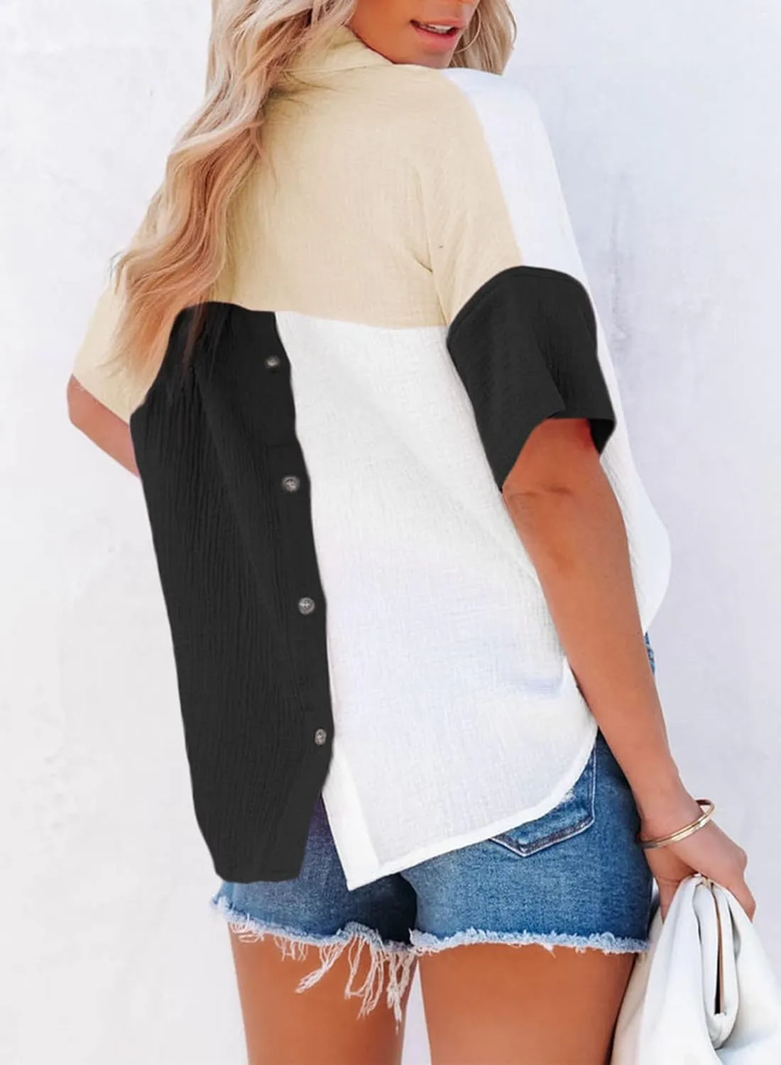 Dokotoo Womens Casual V Neck Short Sleeve Shirts Color Block Back Button Down Blouses Tops