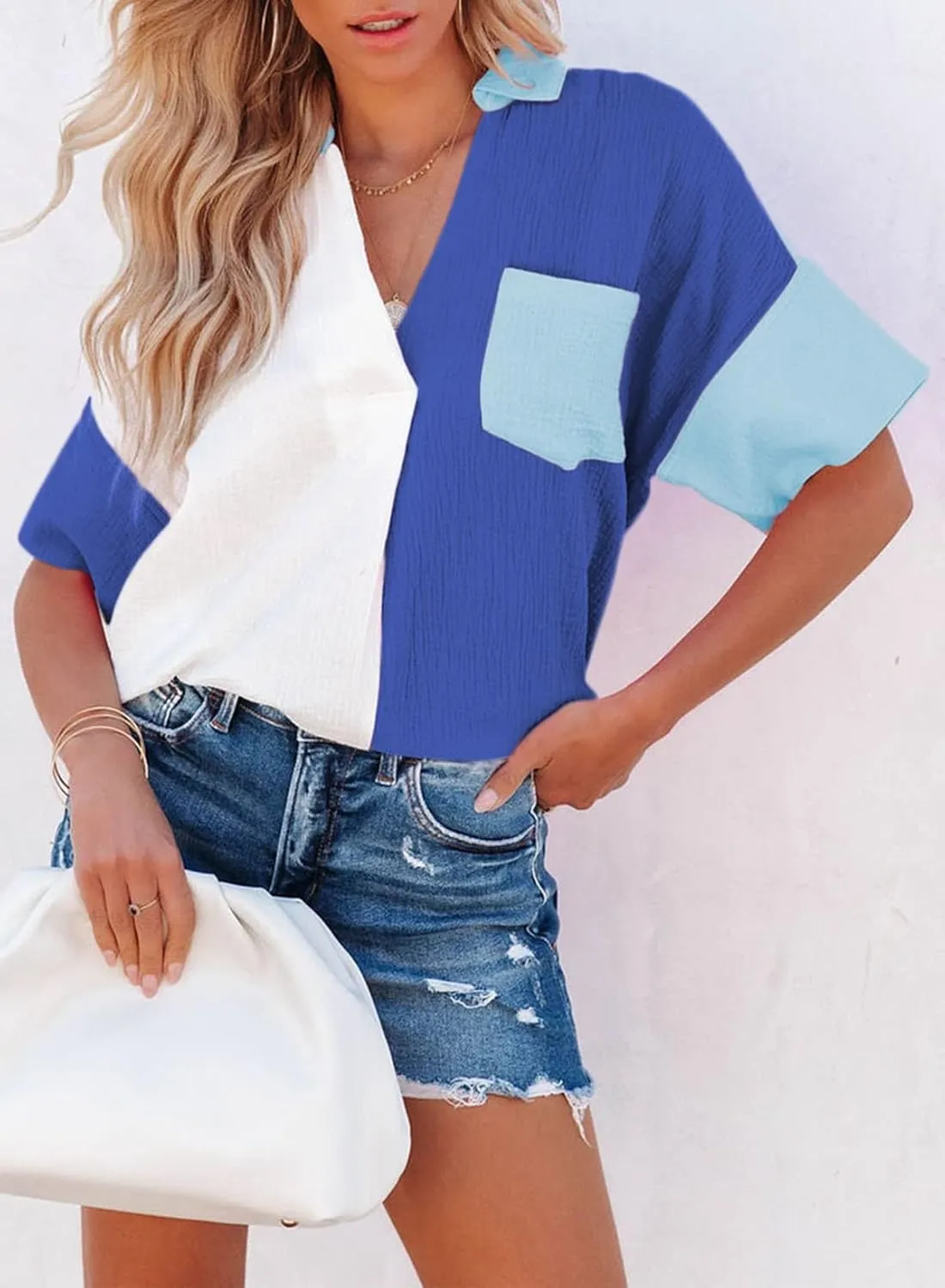Dokotoo Womens Casual V Neck Short Sleeve Shirts Color Block Back Button Down Blouses Tops