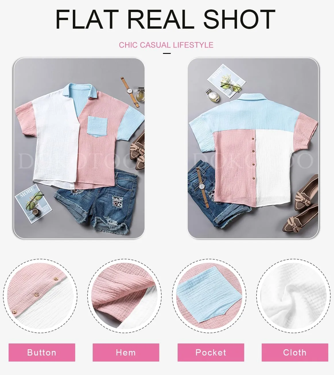 Dokotoo Womens Casual V Neck Short Sleeve Shirts Color Block Back Button Down Blouses Tops