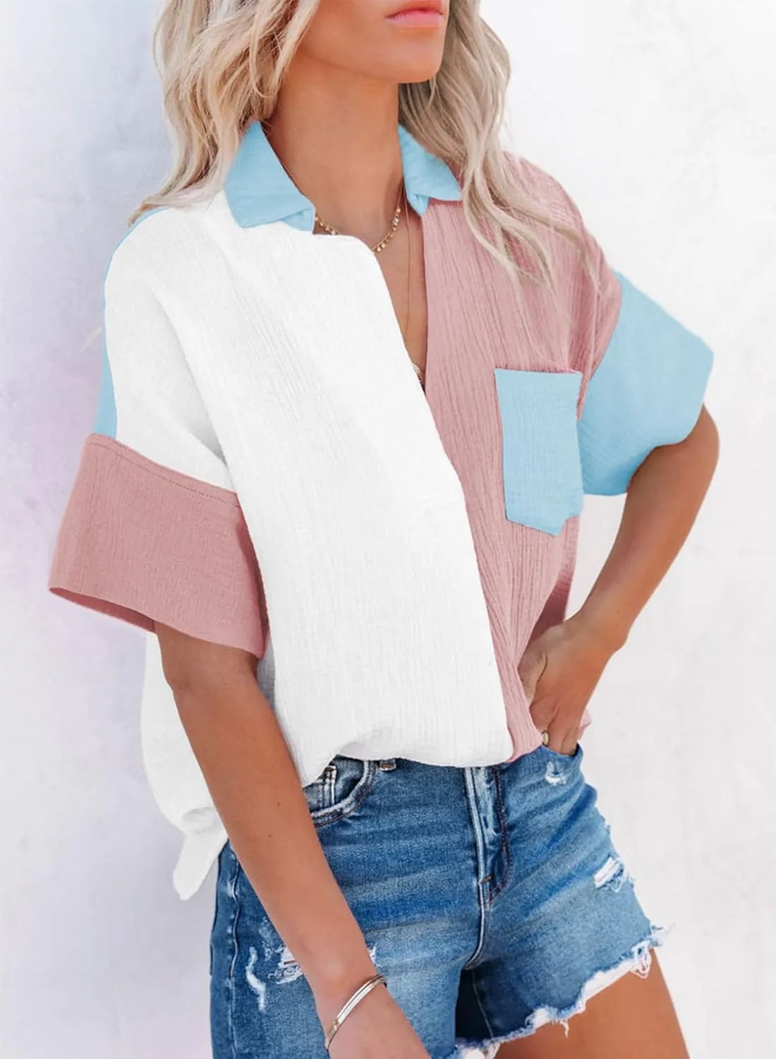 Dokotoo Womens Casual V Neck Short Sleeve Shirts Color Block Back Button Down Blouses Tops