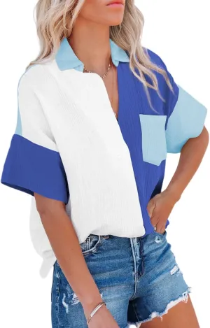 Dokotoo Womens Casual V Neck Short Sleeve Shirts Color Block Back Button Down Blouses Tops