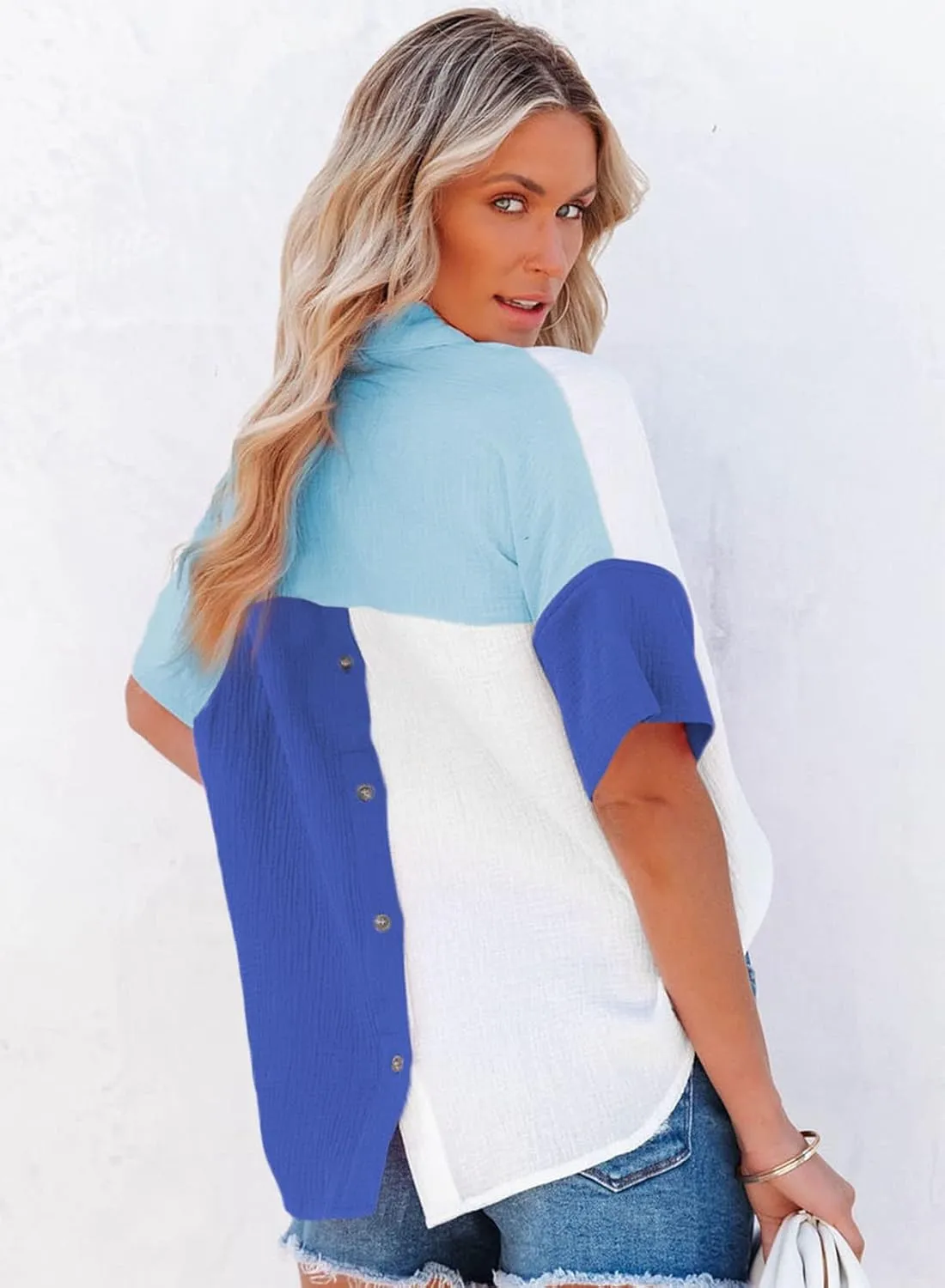 Dokotoo Womens Casual V Neck Short Sleeve Shirts Color Block Back Button Down Blouses Tops