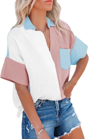 Dokotoo Womens Casual V Neck Short Sleeve Shirts Color Block Back Button Down Blouses Tops