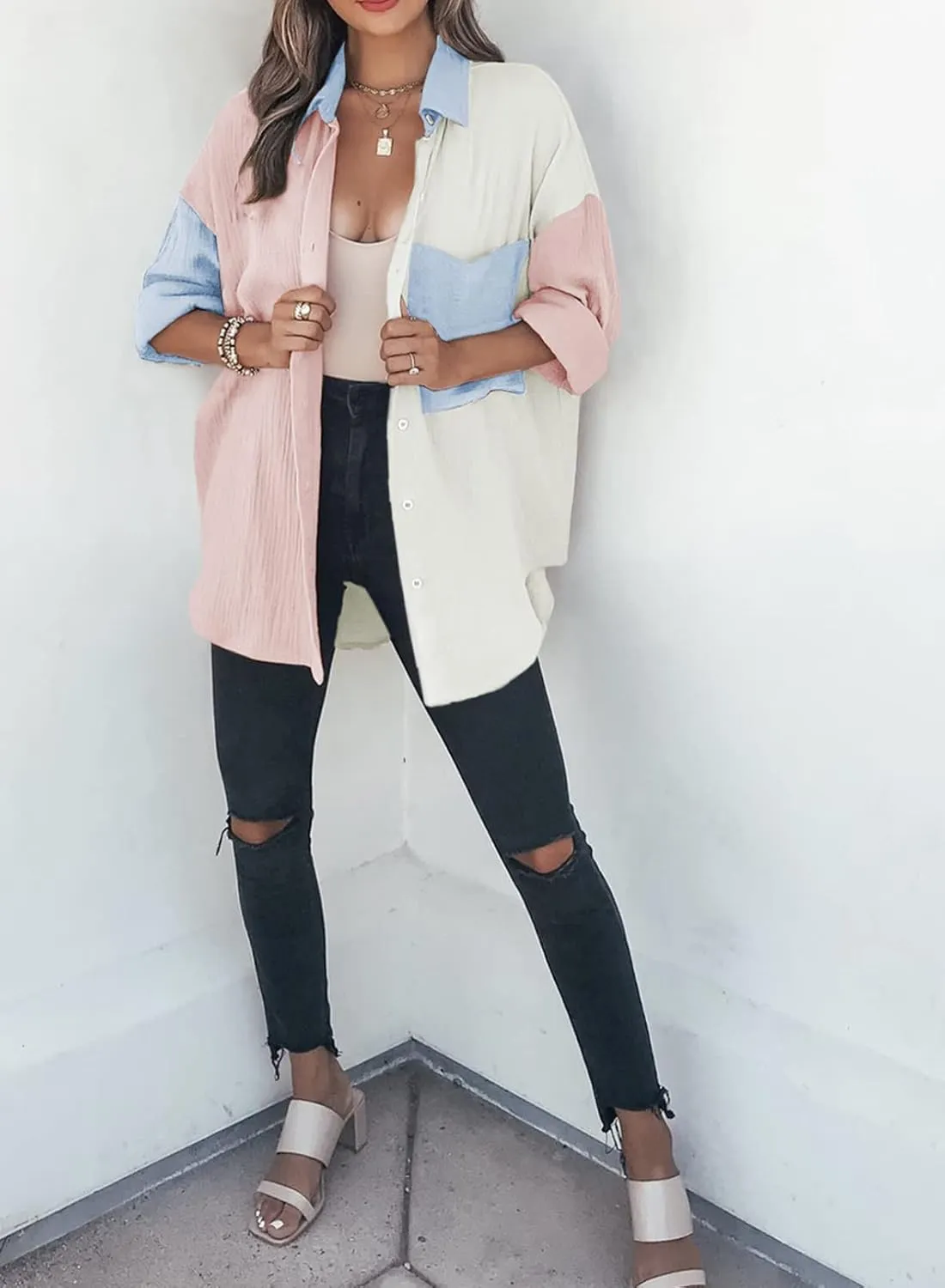 Dokotoo Womens Color Block Button Down Shirts Long Sleeve Oversized Boyfriend Blouses Tops