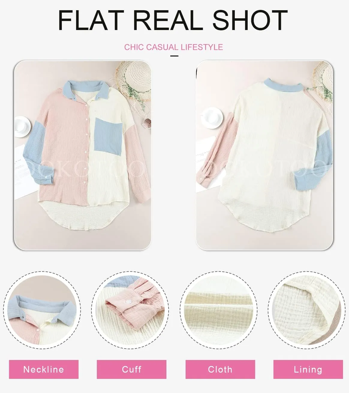 Dokotoo Womens Color Block Button Down Shirts Long Sleeve Oversized Boyfriend Blouses Tops