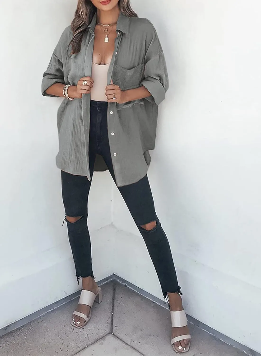 Dokotoo Womens Color Block Button Down Shirts Long Sleeve Oversized Boyfriend Blouses Tops