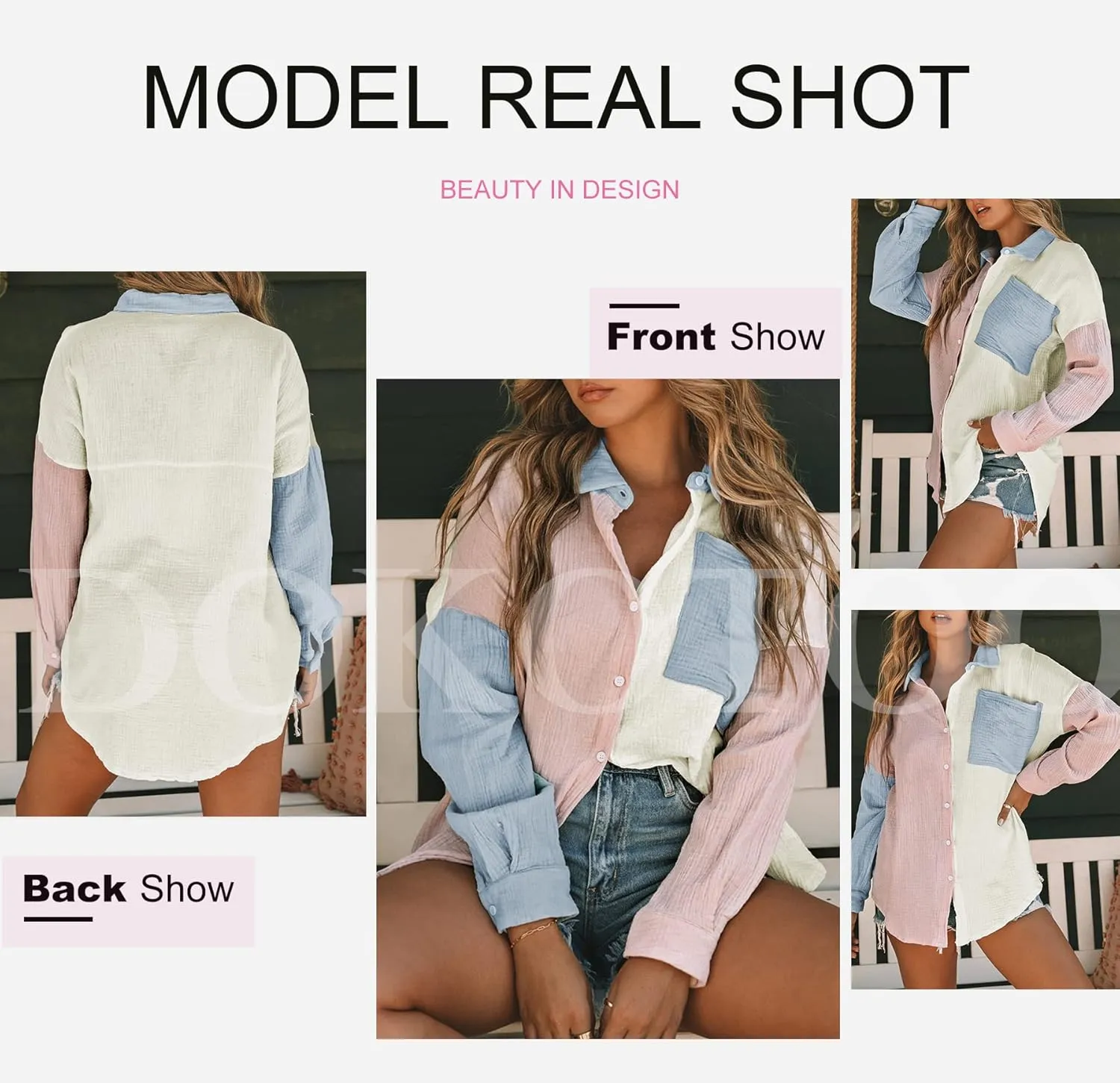 Dokotoo Womens Color Block Button Down Shirts Long Sleeve Oversized Boyfriend Blouses Tops