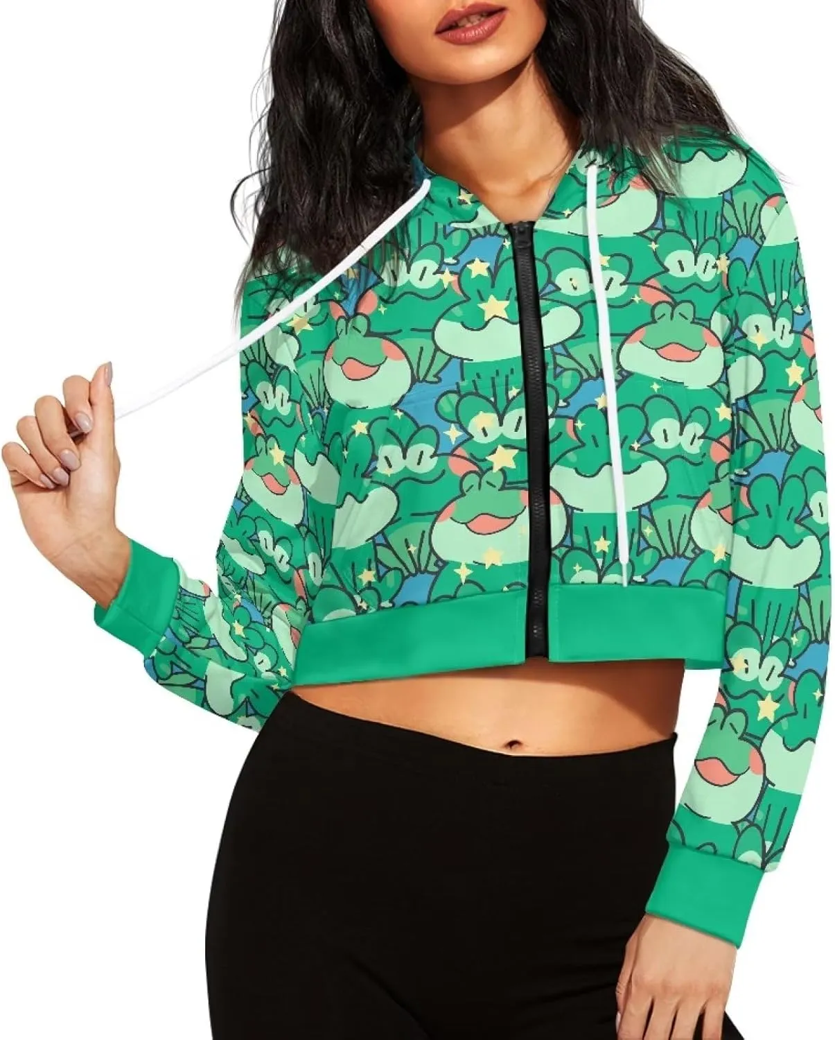 Dolyues Women's Cropped Hoodies Full-Zip Sweatshirt Crop Top Long Sleeves Hooded Jacket Coat Outwear with Pockets