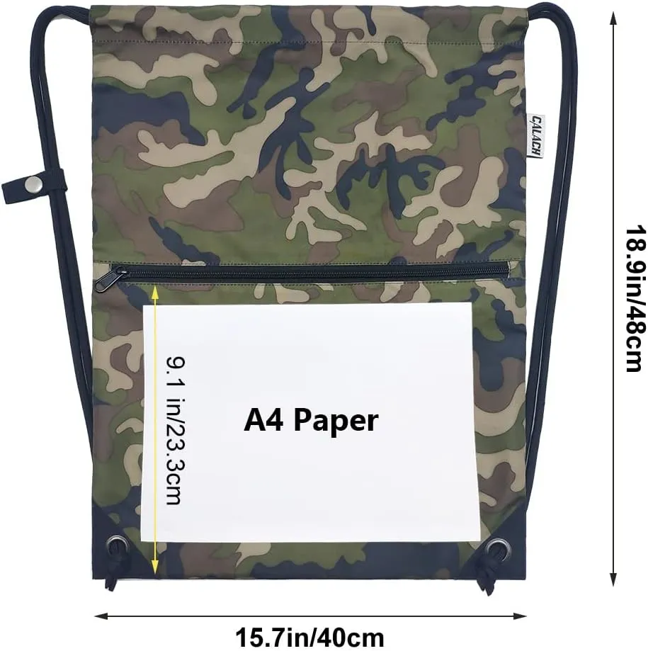 draw string back bag, Large Gym Sports string backpack for men and women with front zipper pocket and inside zipper pocket to keep key or phone (green camo)
