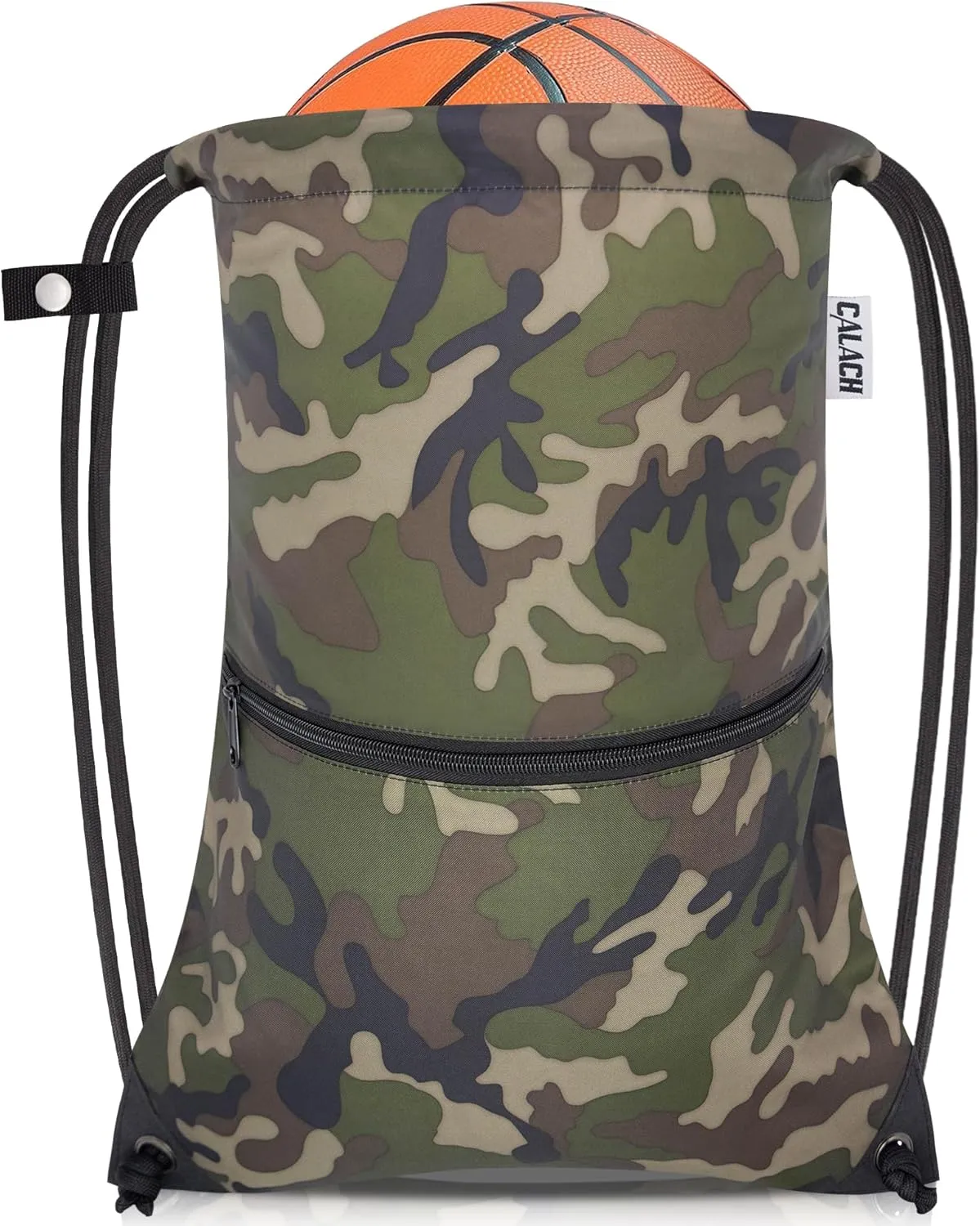 draw string back bag, Large Gym Sports string backpack for men and women with front zipper pocket and inside zipper pocket to keep key or phone (green camo)