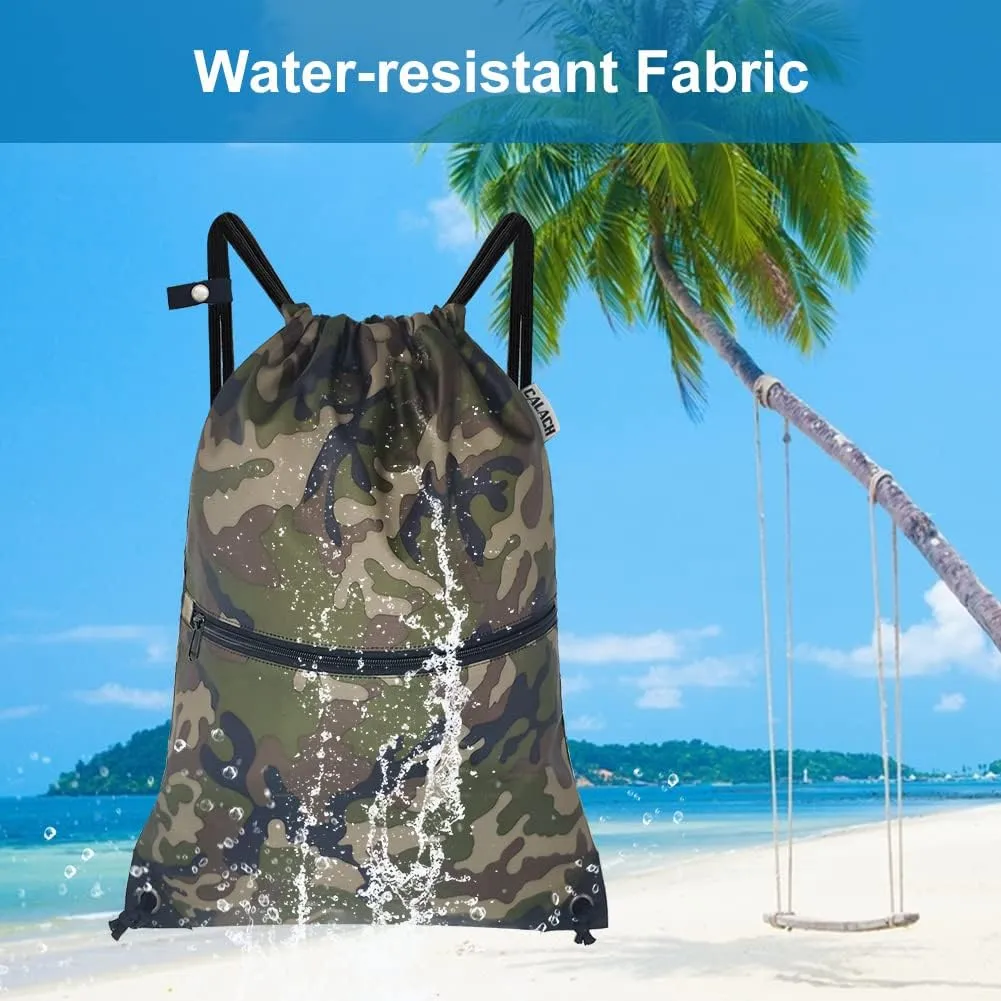 draw string back bag, Large Gym Sports string backpack for men and women with front zipper pocket and inside zipper pocket to keep key or phone (green camo)
