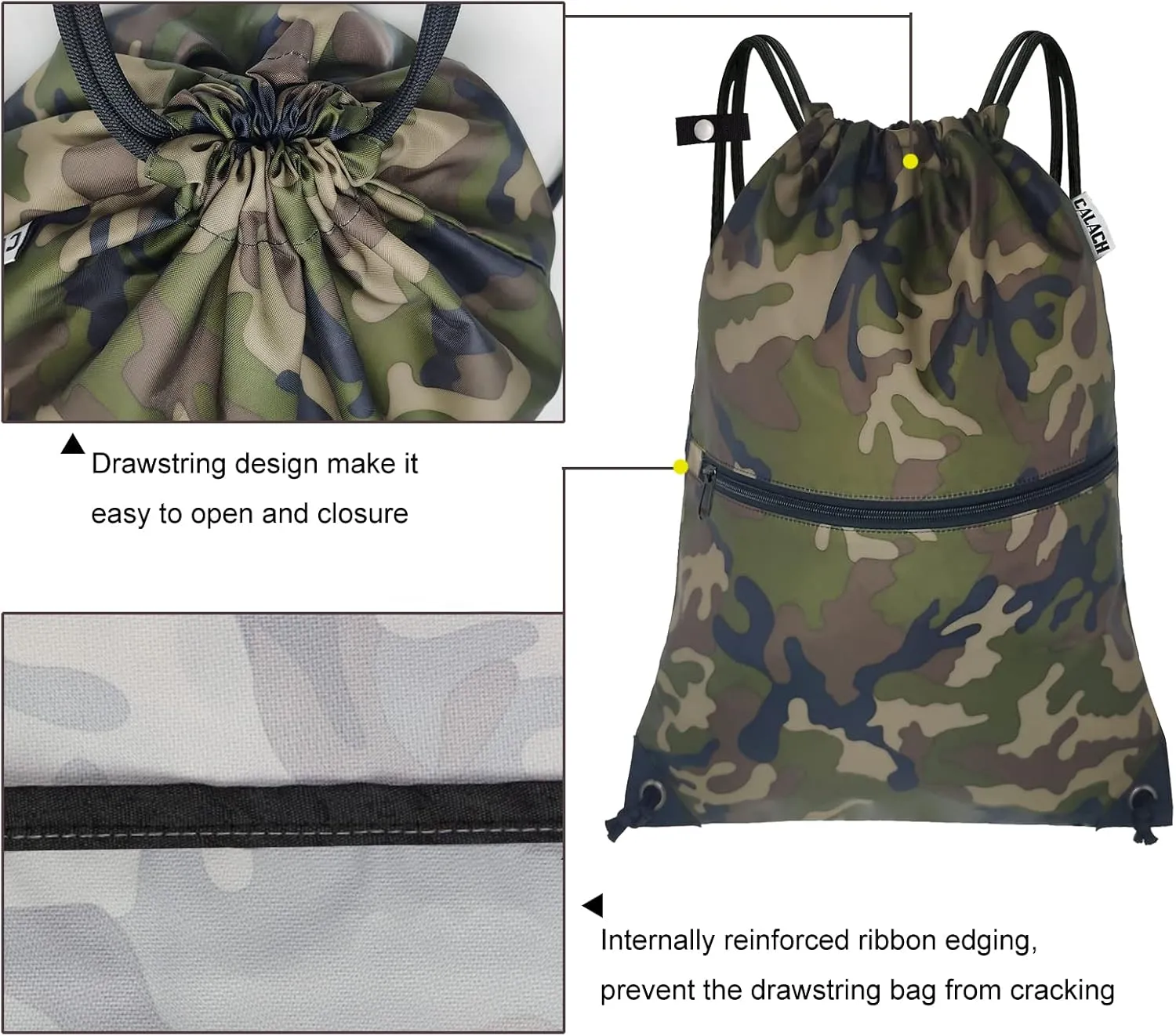 draw string back bag, Large Gym Sports string backpack for men and women with front zipper pocket and inside zipper pocket to keep key or phone (green camo)