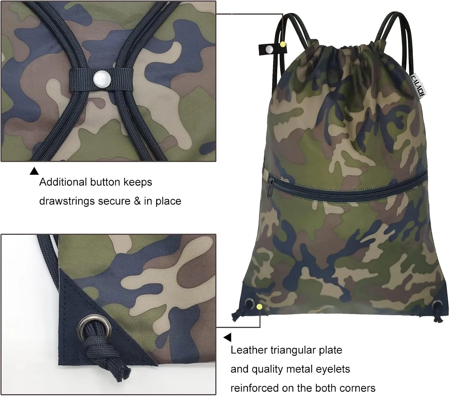 draw string back bag, Large Gym Sports string backpack for men and women with front zipper pocket and inside zipper pocket to keep key or phone (green camo)