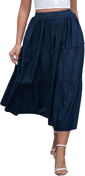 DREFBUFY Women's Mae Pleated Flowy Cxi Skirt Denim Tiered Elastic Waist Rufflasual Long Skirts with Pockets for Summer