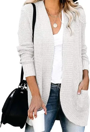 ebossy Women's Casual Open Front Cardigans Long Sleeve Chunky Cable Knitted Sweather Coat with Pockets