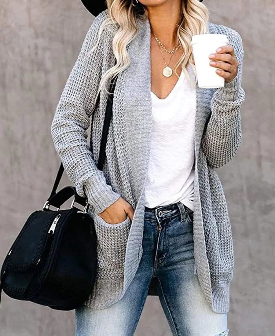 ebossy Women's Casual Open Front Cardigans Long Sleeve Chunky Cable Knitted Sweather Coat with Pockets