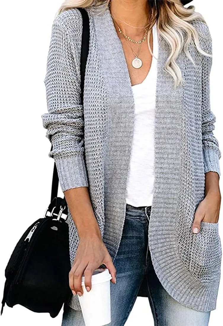 ebossy Women's Casual Open Front Cardigans Long Sleeve Chunky Cable Knitted Sweather Coat with Pockets