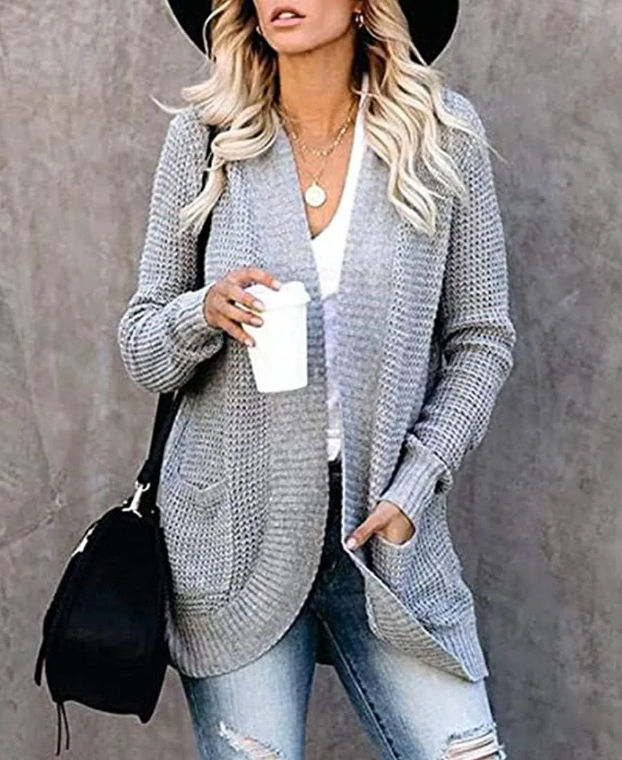 ebossy Women's Casual Open Front Cardigans Long Sleeve Chunky Cable Knitted Sweather Coat with Pockets