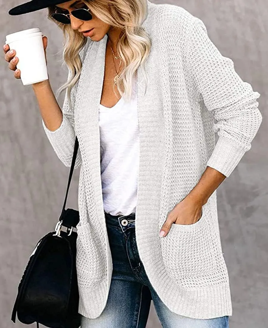 ebossy Women's Casual Open Front Cardigans Long Sleeve Chunky Cable Knitted Sweather Coat with Pockets