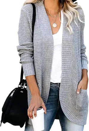 ebossy Women's Casual Open Front Cardigans Long Sleeve Chunky Cable Knitted Sweather Coat with Pockets