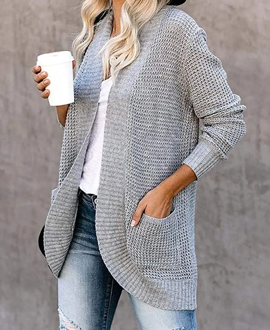 ebossy Women's Casual Open Front Cardigans Long Sleeve Chunky Cable Knitted Sweather Coat with Pockets