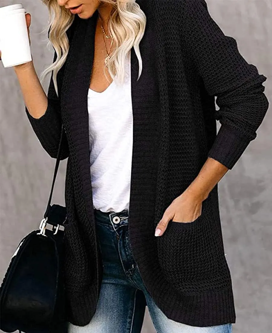ebossy Women's Casual Open Front Cardigans Long Sleeve Chunky Cable Knitted Sweather Coat with Pockets