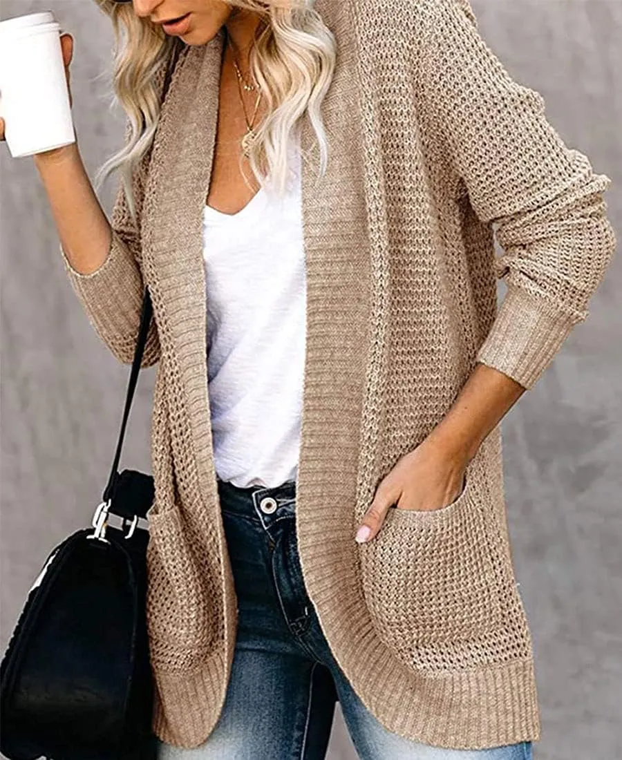 ebossy Women's Casual Open Front Cardigans Long Sleeve Chunky Cable Knitted Sweather Coat with Pockets