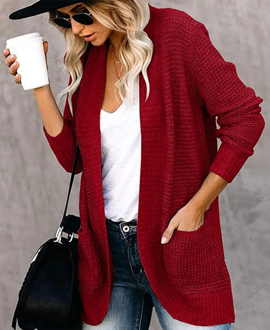 ebossy Women's Casual Open Front Cardigans Long Sleeve Chunky Cable Knitted Sweather Coat with Pockets