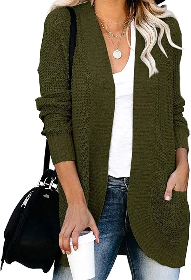 ebossy Women's Casual Open Front Cardigans Long Sleeve Chunky Cable Knitted Sweather Coat with Pockets
