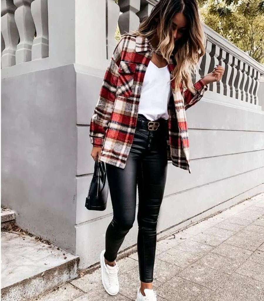 ebossy Womens Classic Lapel Plaid Shirt Coat Long Sleeve Wool Blend Jacket Shacket with Flap Pocket