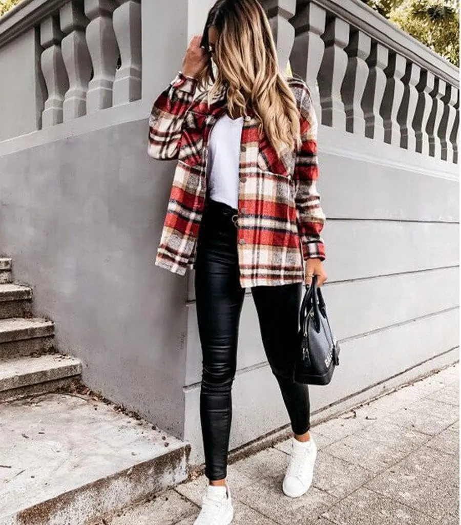 ebossy Womens Classic Lapel Plaid Shirt Coat Long Sleeve Wool Blend Jacket Shacket with Flap Pocket