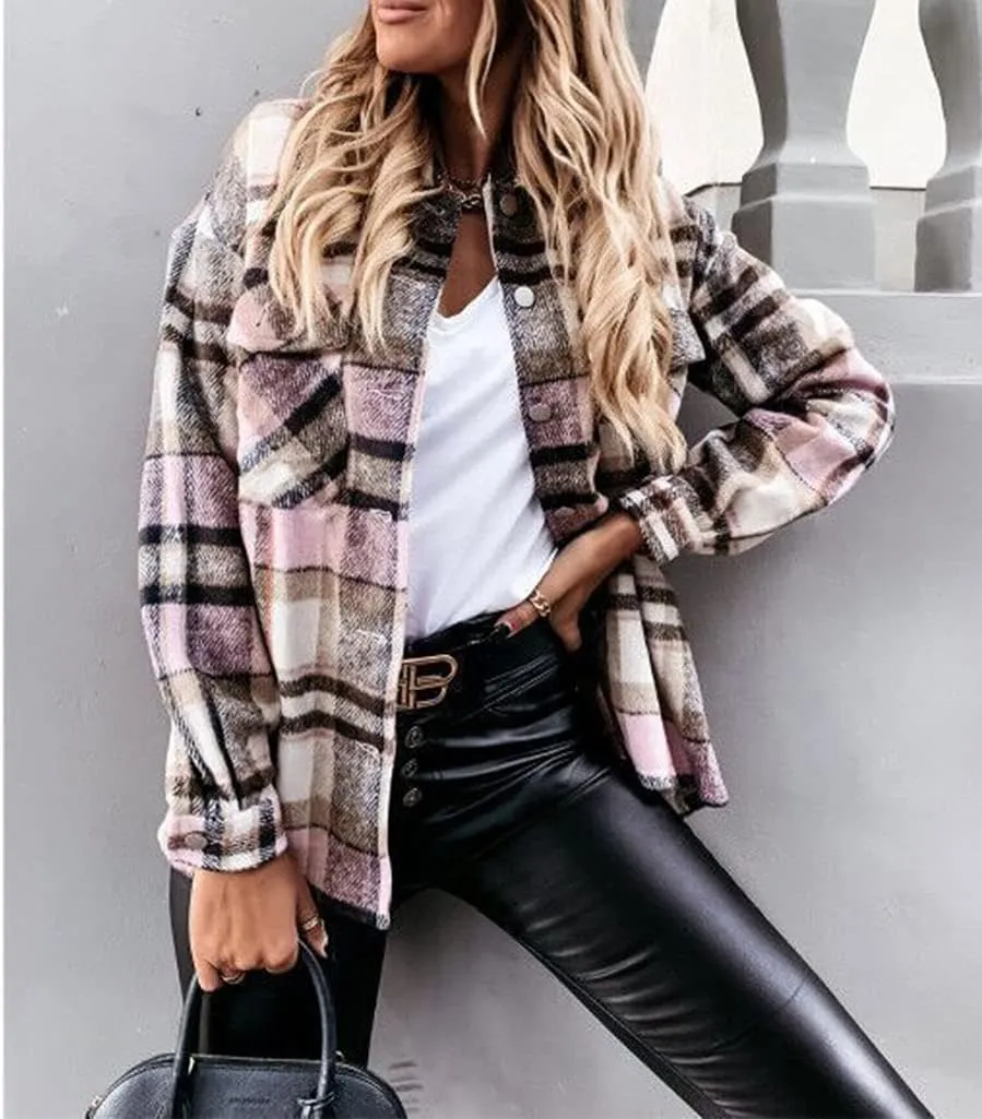 ebossy Womens Classic Lapel Plaid Shirt Coat Long Sleeve Wool Blend Jacket Shacket with Flap Pocket