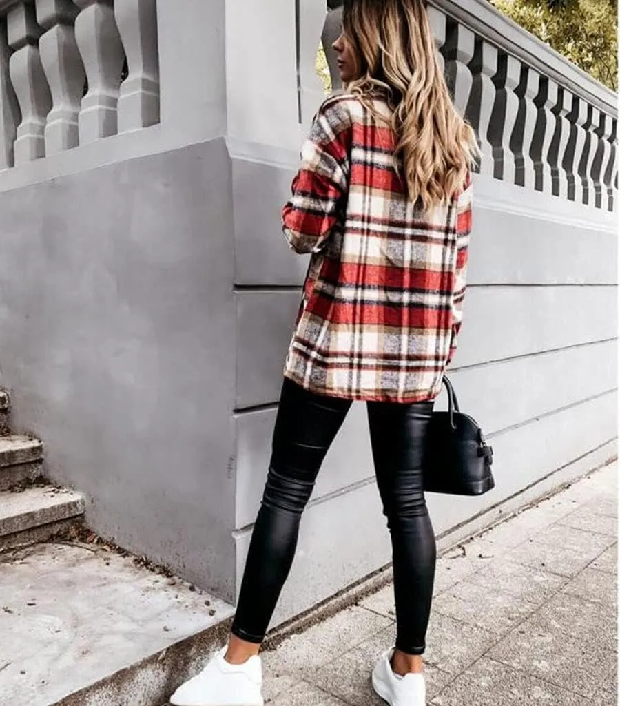 ebossy Womens Classic Lapel Plaid Shirt Coat Long Sleeve Wool Blend Jacket Shacket with Flap Pocket