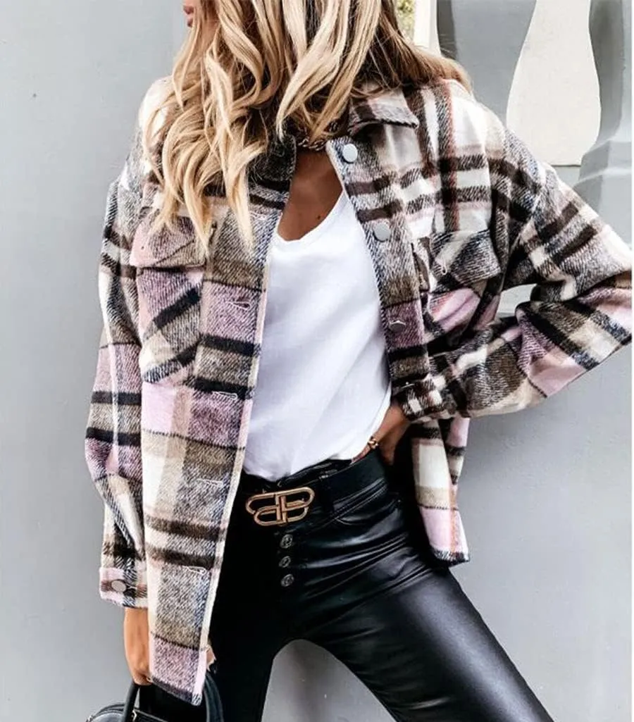 ebossy Womens Classic Lapel Plaid Shirt Coat Long Sleeve Wool Blend Jacket Shacket with Flap Pocket
