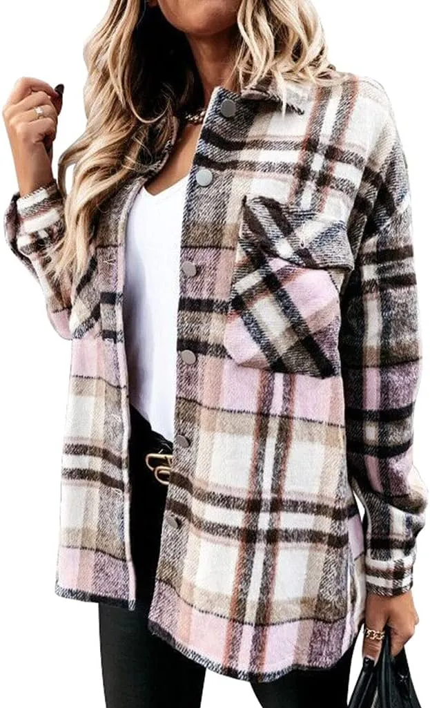 ebossy Womens Classic Lapel Plaid Shirt Coat Long Sleeve Wool Blend Jacket Shacket with Flap Pocket