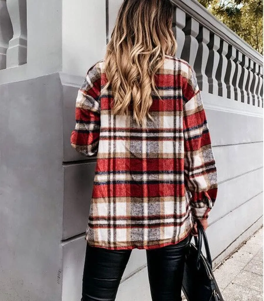 ebossy Womens Classic Lapel Plaid Shirt Coat Long Sleeve Wool Blend Jacket Shacket with Flap Pocket